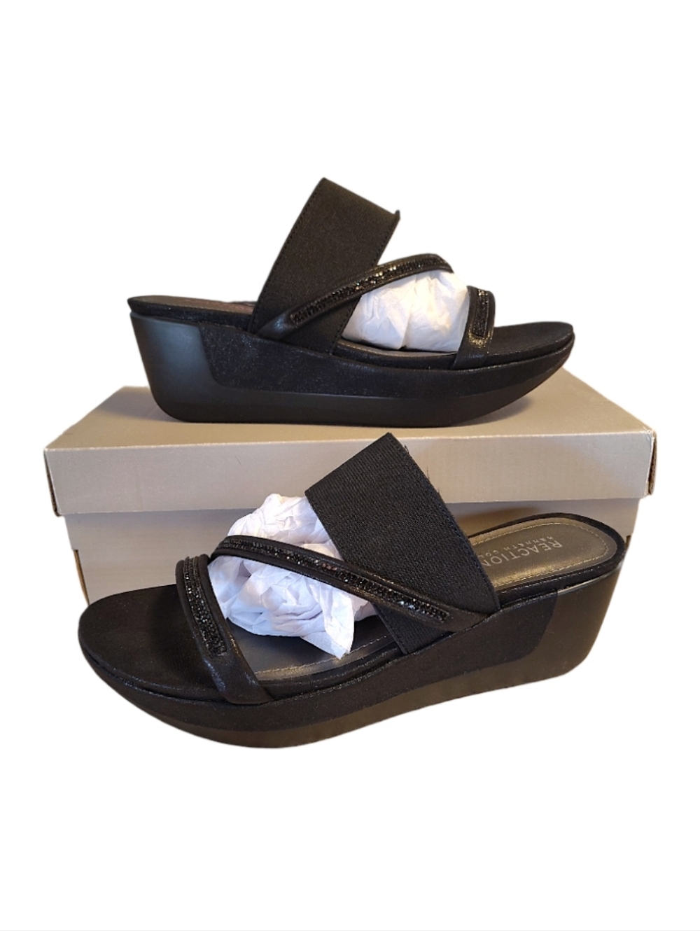 Kenneth Cole Reaction Black Paula Wedge Slip On Sandals SZ 8 NWT